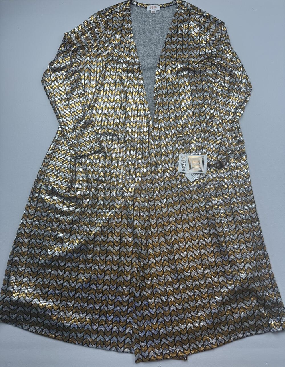 LuLaRoe Sweater Cardigan Womens L Gold Silver Metallic Chevron Sarah Open Duster